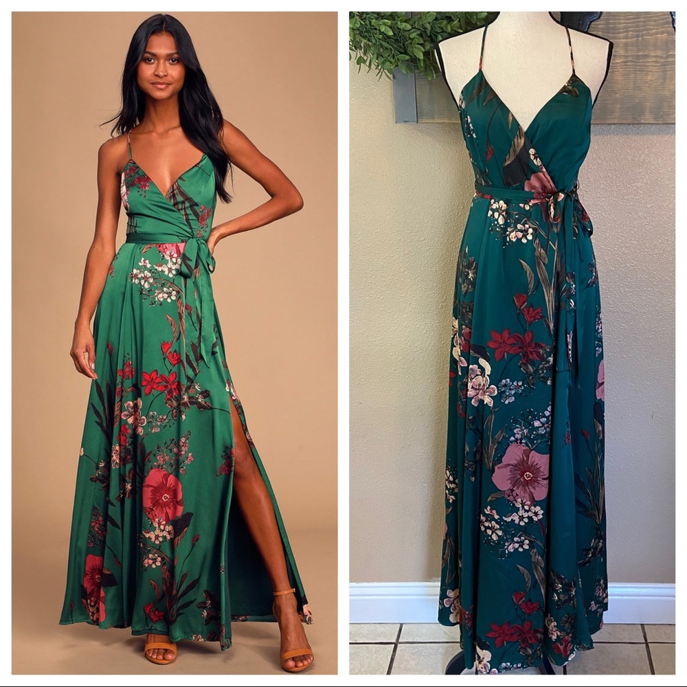 NWOT Lulus Still the One Emerald Green Floral Print Satin Maxi Dress